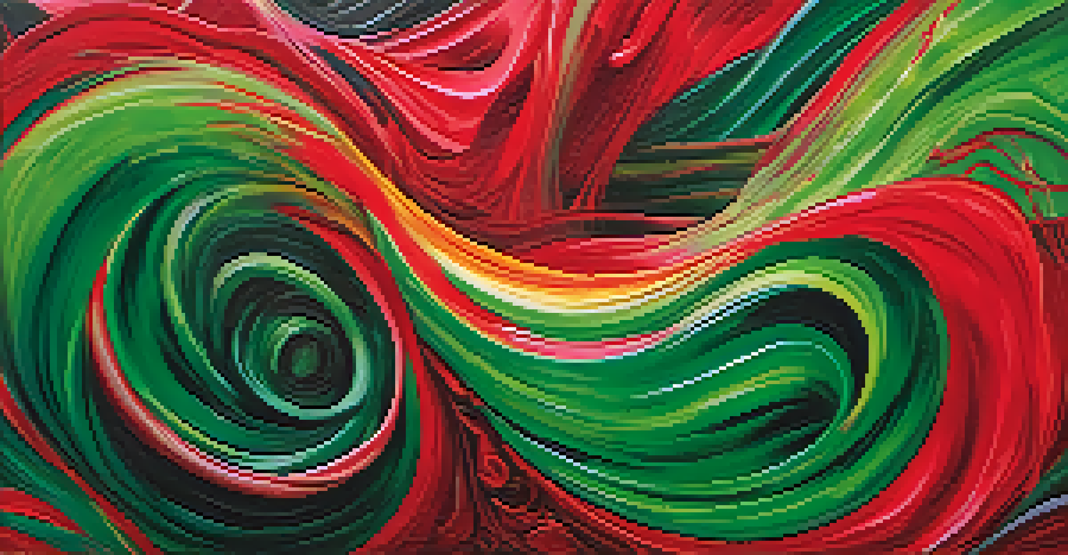 An abstract painting filled with bold red and deep green colors swirling together, creating a dynamic and energetic effect.