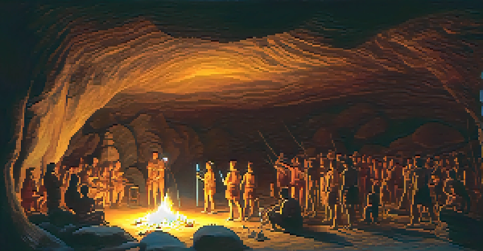 A dimly lit cave scene with early humans creating colorful cave paintings around a fire, depicting animals and abstract symbols.