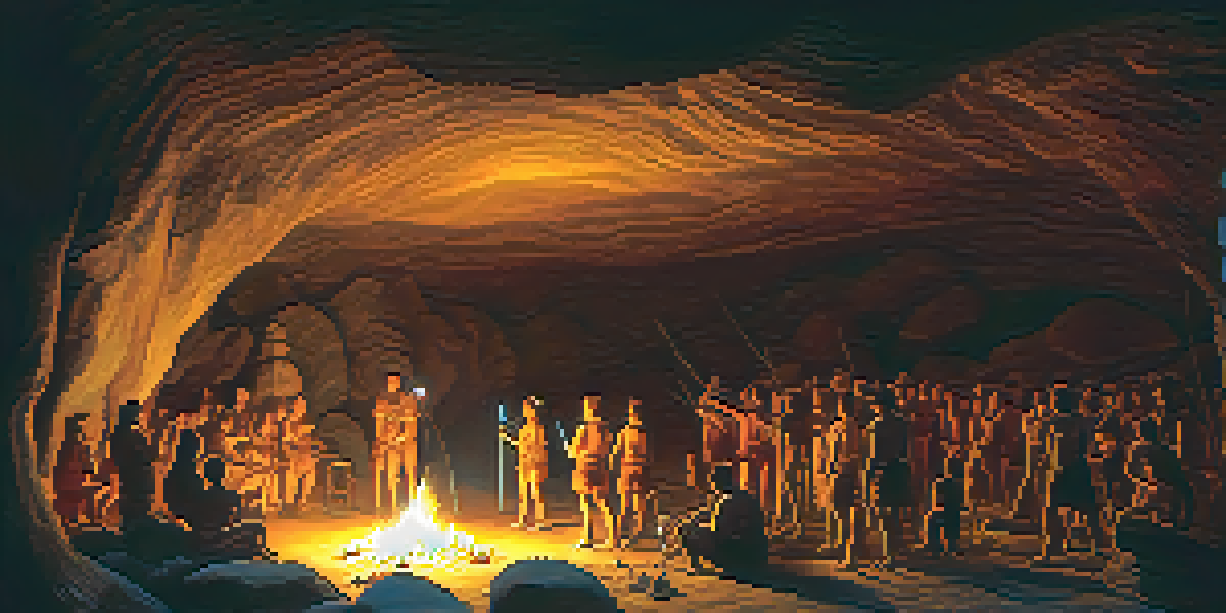 A dimly lit cave scene with early humans creating colorful cave paintings around a fire, depicting animals and abstract symbols.