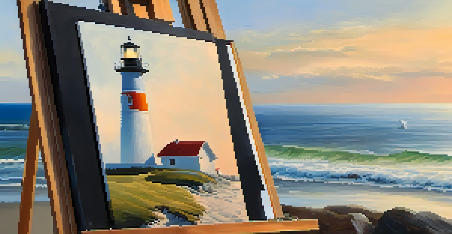 A close-up of an artist's easel with a partially completed painting of a lighthouse, surrounded by art supplies in a warm studio.