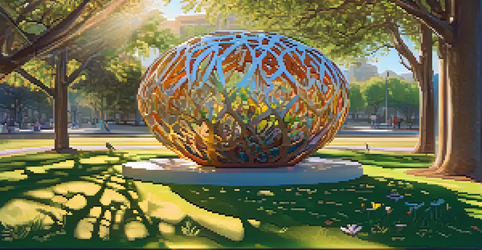 An eco-art installation in a park with sculptures made of recycled materials, surrounded by wildflowers and trees under warm sunlight.