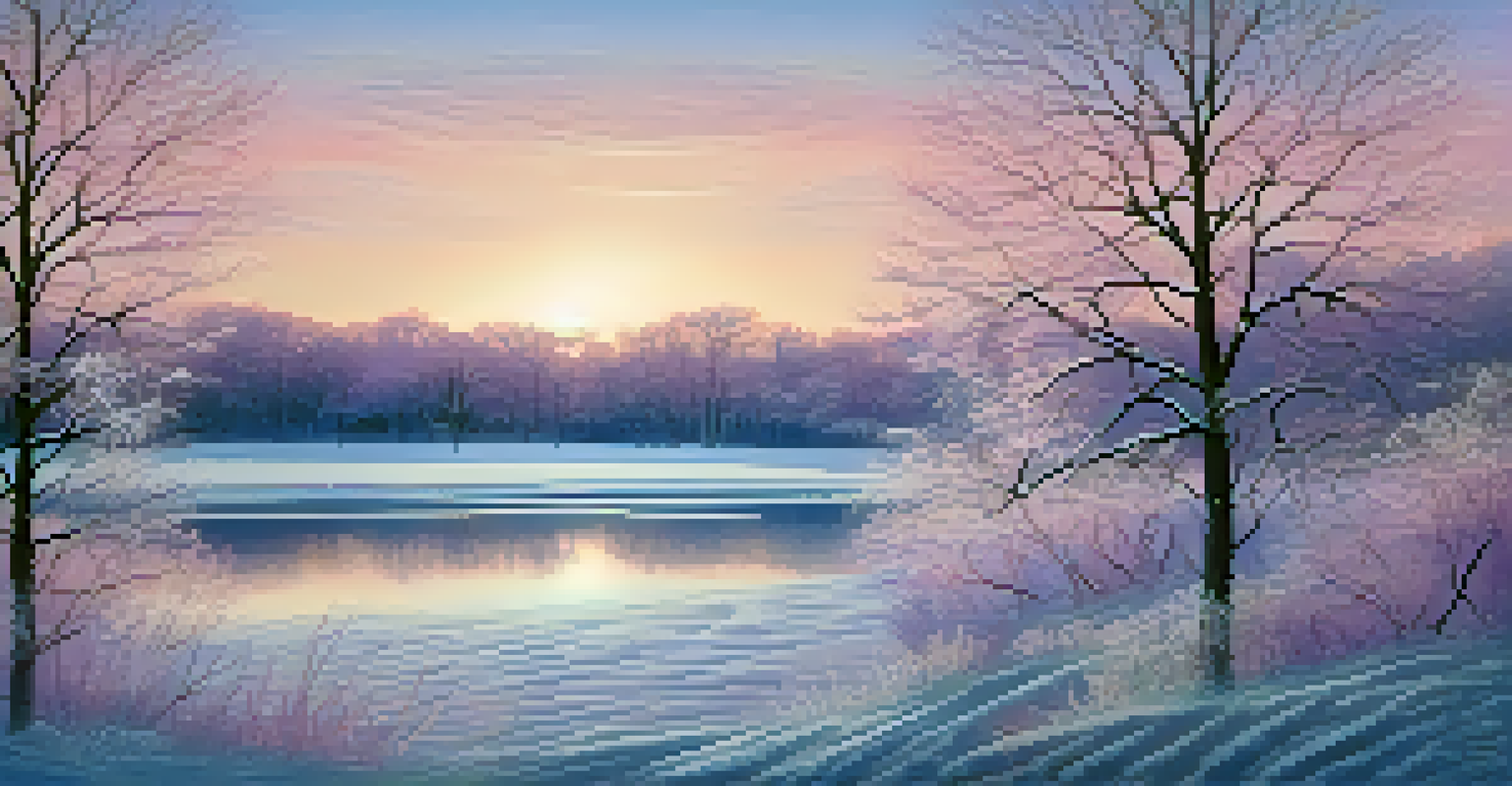 A peaceful winter scene with snow-covered trees, a frozen lake, and a colorful sunset sky.