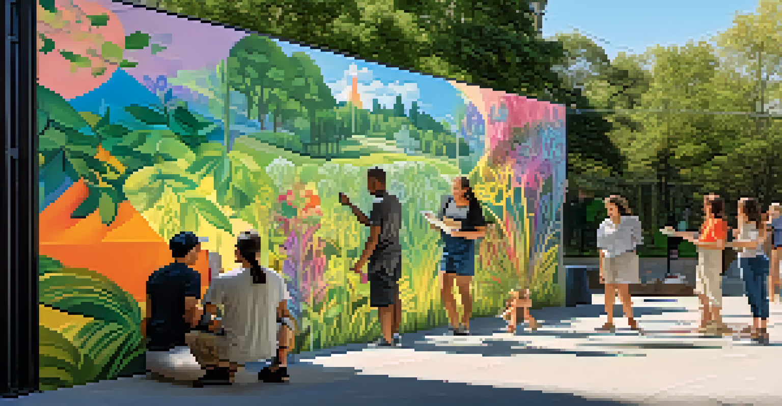 Artists painting a large mural in a park, showcasing a variety of styles and themes amidst greenery.