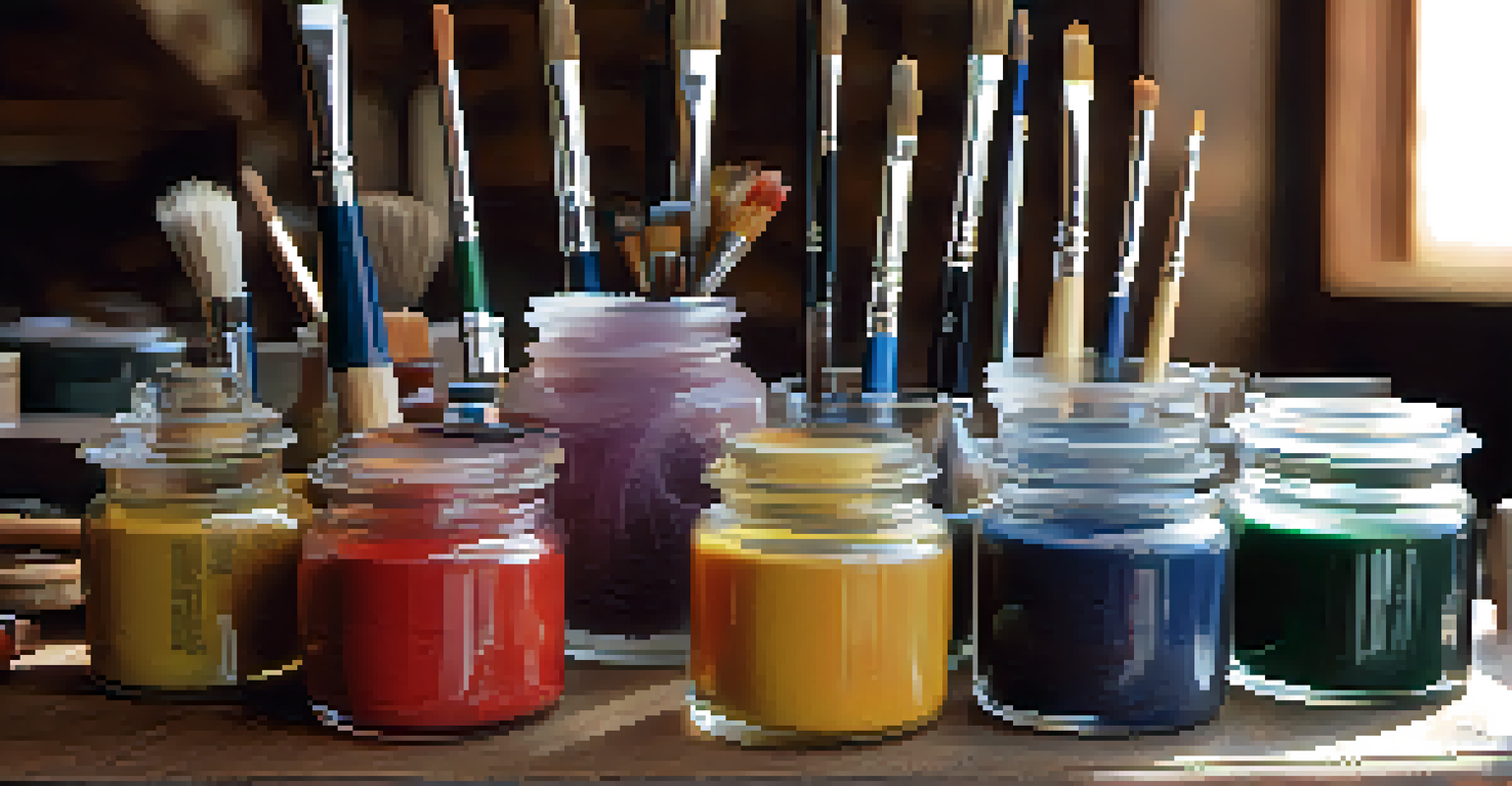 A collection of art conservation materials and pigments displayed in glass containers on a table, illuminated by natural light.