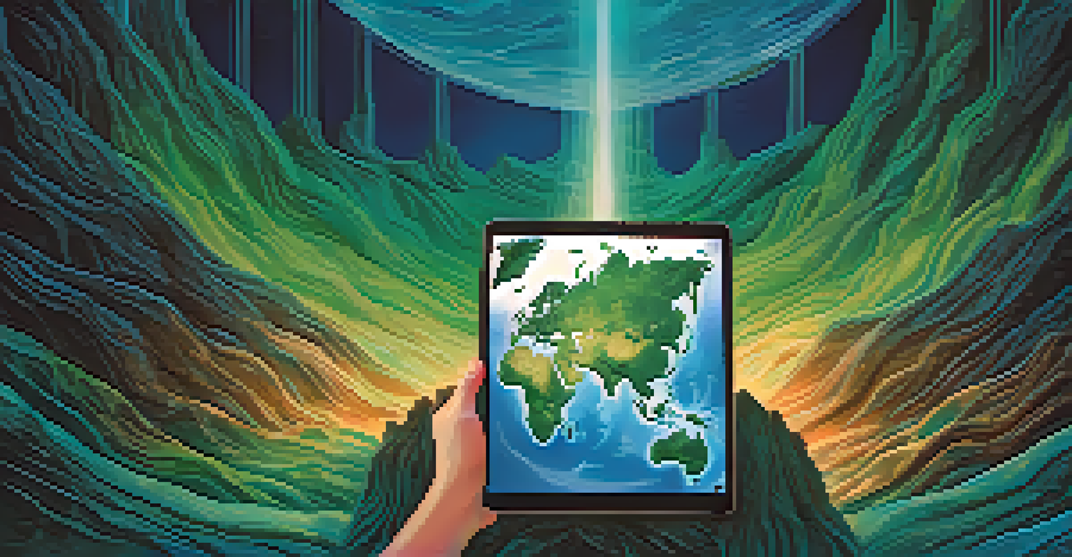 A digital illustration on a tablet showing a melting earth with hands reaching out, symbolizing unity against climate change, with a soft illuminated background.