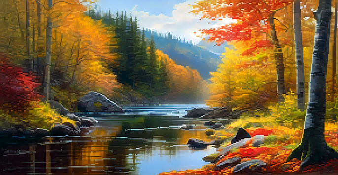 A peaceful forest scene with autumn leaves, a river, and a person sketching.