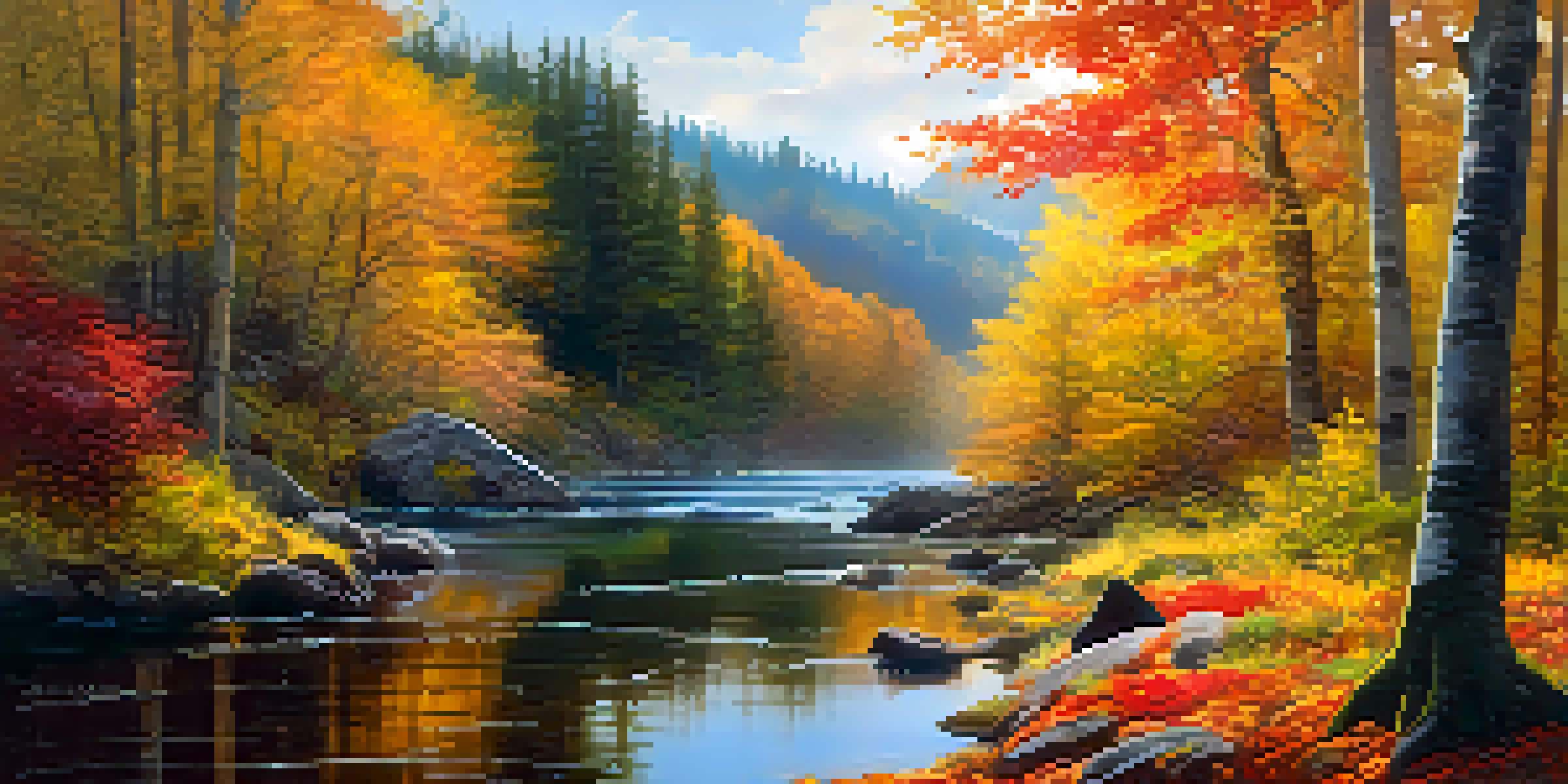 A peaceful forest scene with autumn leaves, a river, and a person sketching.