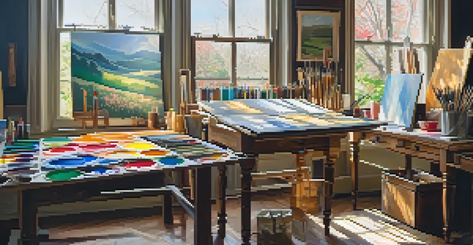 A bright and colorful artist's studio with canvases, art supplies, and sunlight streaming in.