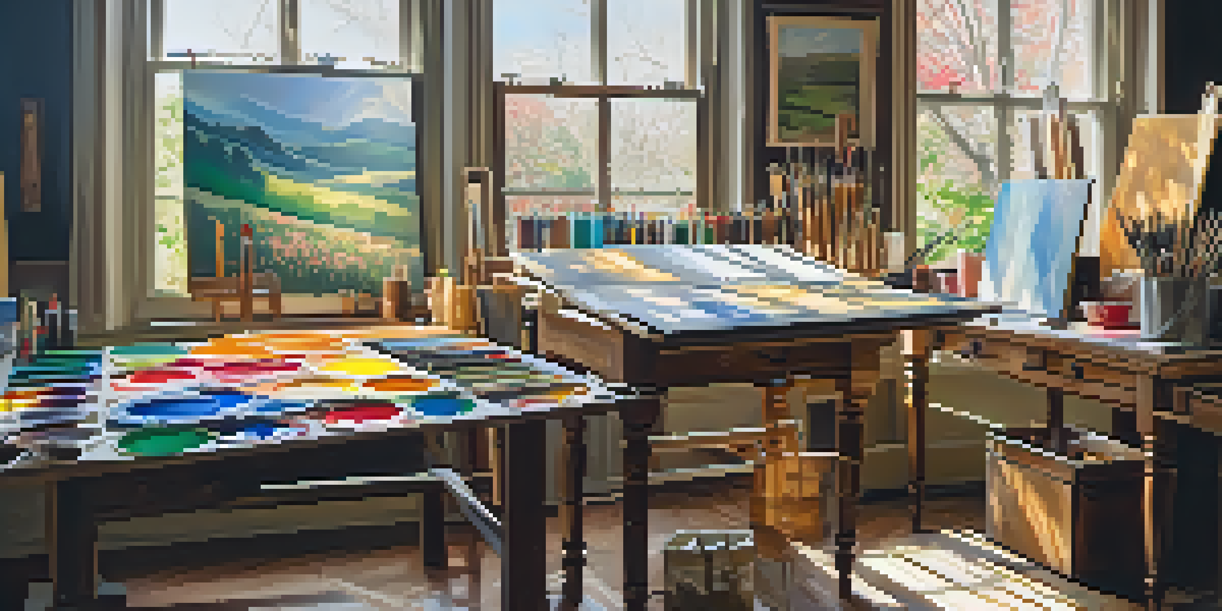 A bright and colorful artist's studio with canvases, art supplies, and sunlight streaming in.