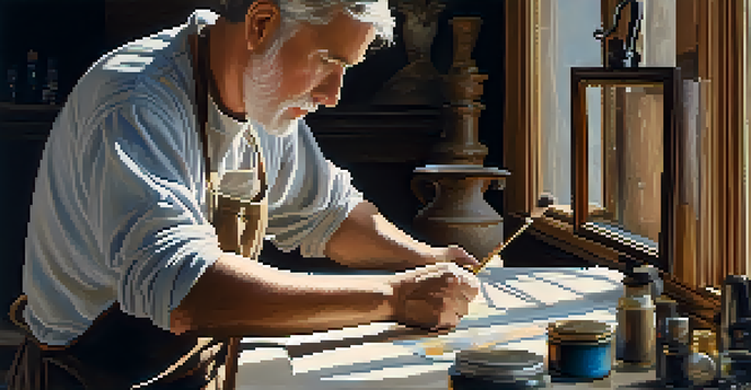 An art restorer meticulously repairing a vintage oil painting in a bright studio, surrounded by restoration tools and materials.