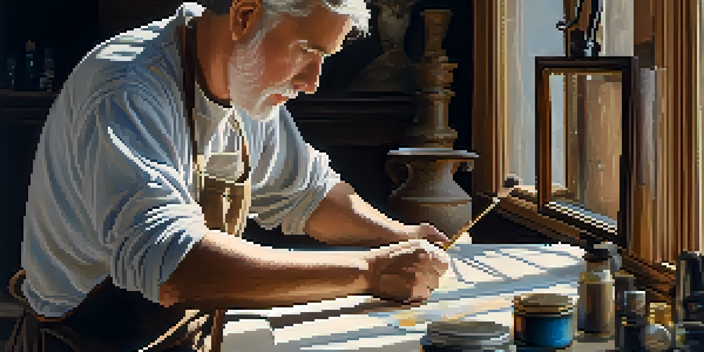 An art restorer meticulously repairing a vintage oil painting in a bright studio, surrounded by restoration tools and materials.