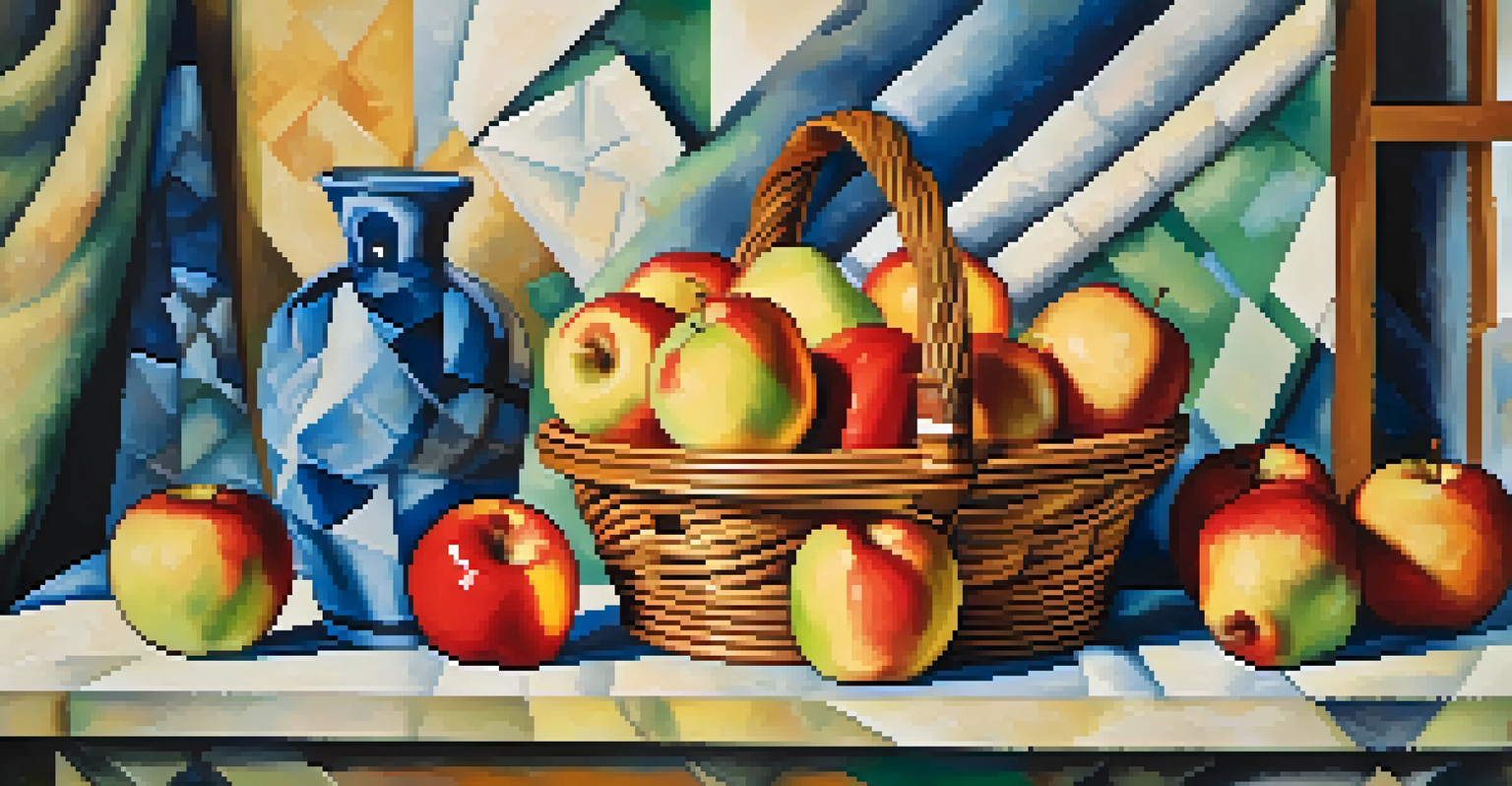 An abstract still life with a basket of apples represented in geometric shapes and bright colors, highlighting the relationships between the hues and creating a warm atmosphere.