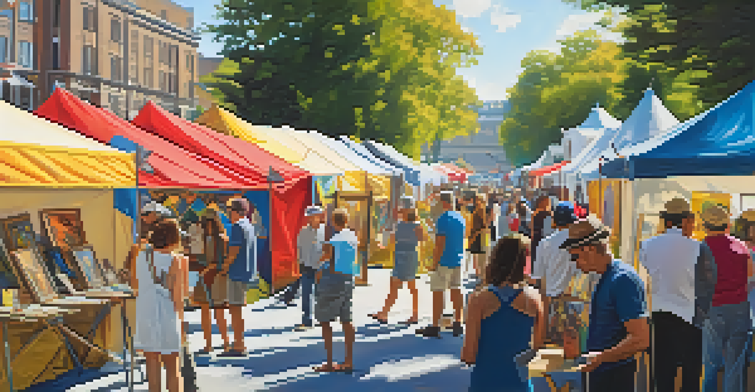 An outdoor art fair with artists showcasing their works and visitors engaging with them.