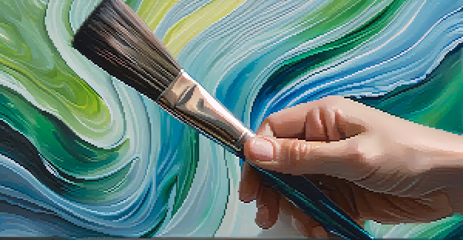 A close-up of a hand with a paintbrush poised over a canvas of swirling cool colors, highlighting the texture of the paint.