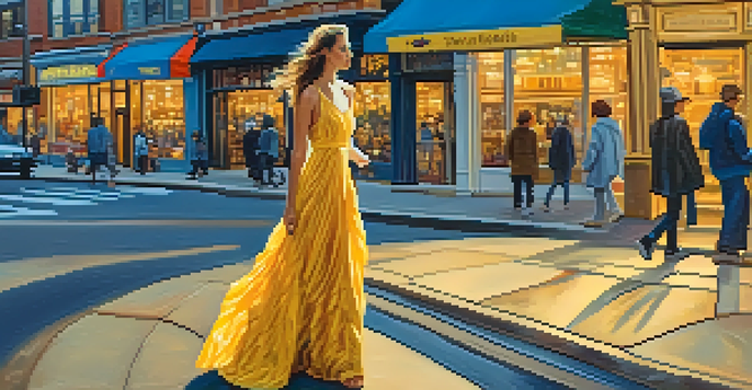 A model in a swirling blue and yellow dress inspired by Van Gogh, set against a bustling city backdrop during golden hour.