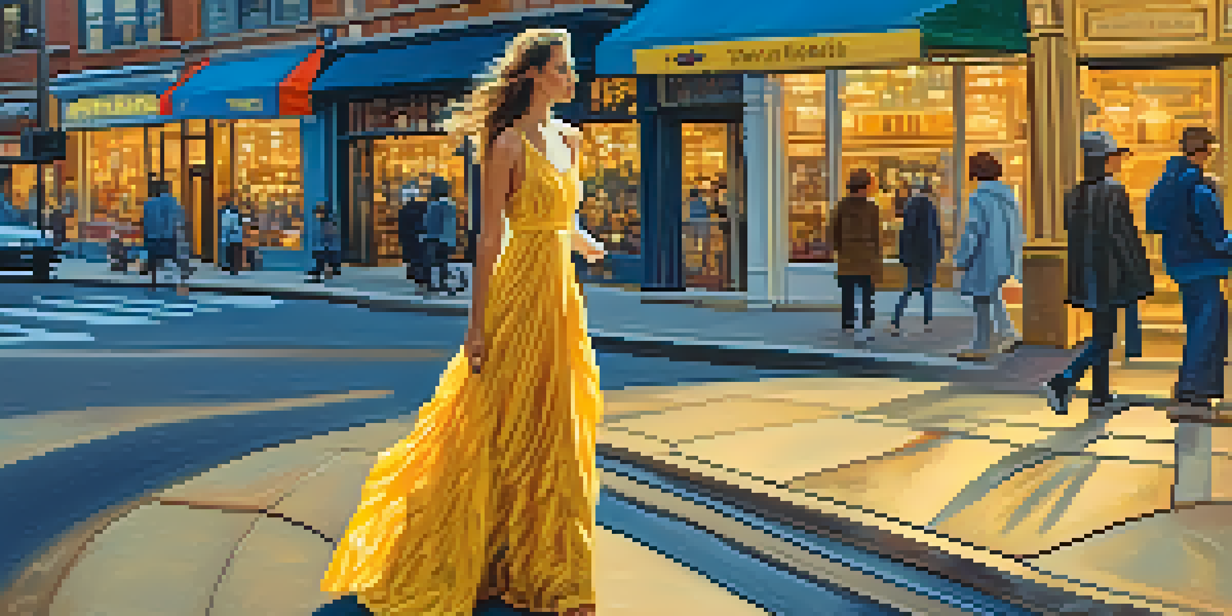 A model in a swirling blue and yellow dress inspired by Van Gogh, set against a bustling city backdrop during golden hour.