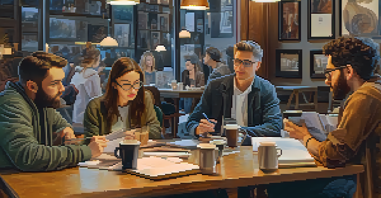 A group of artists discussing their work over coffee in a cozy cafe, with sketches and laptops on the table.