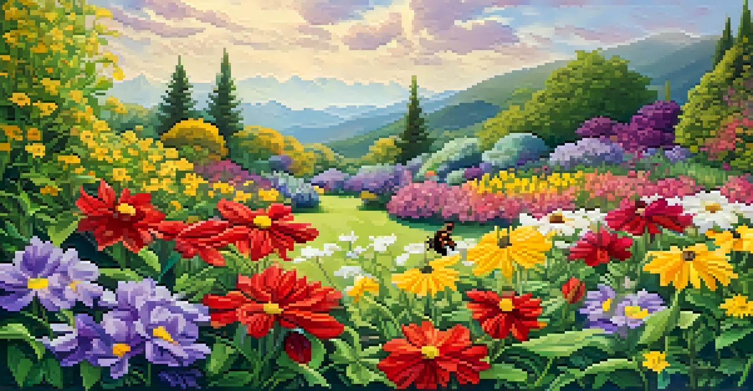 A colorful close-up of a blooming garden with flowers and pollinators in sunlight.