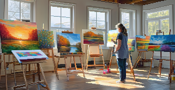 A person with a disability painting joyfully in a bright art studio filled with colorful artwork and natural light.