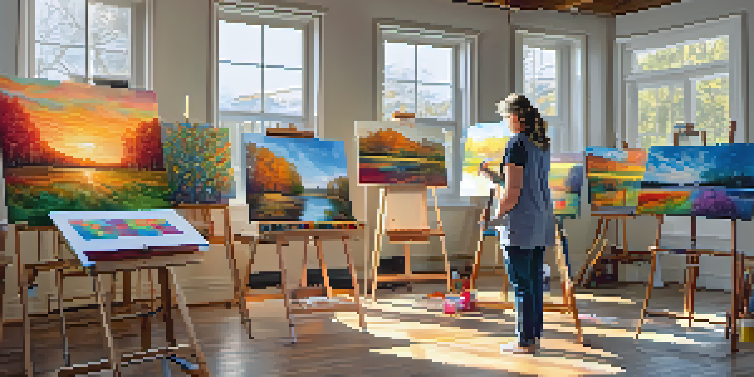 A person with a disability painting joyfully in a bright art studio filled with colorful artwork and natural light.