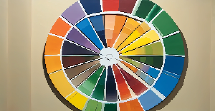 A colorful circular color wheel showing primary, secondary, and tertiary colors with a warm light illuminating it.
