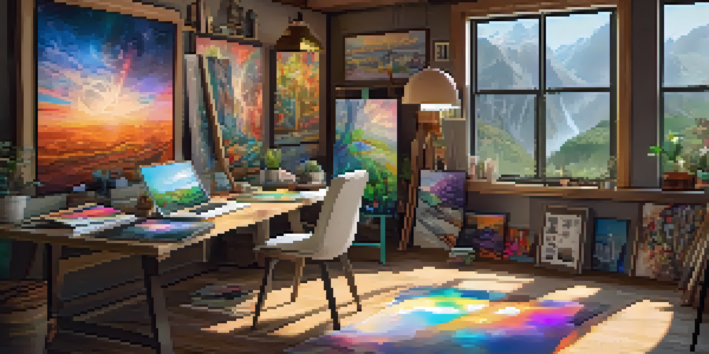 A bright artist's workspace with a digital tablet displaying colorful paintings, natural light pouring in, and art supplies on a wooden table.