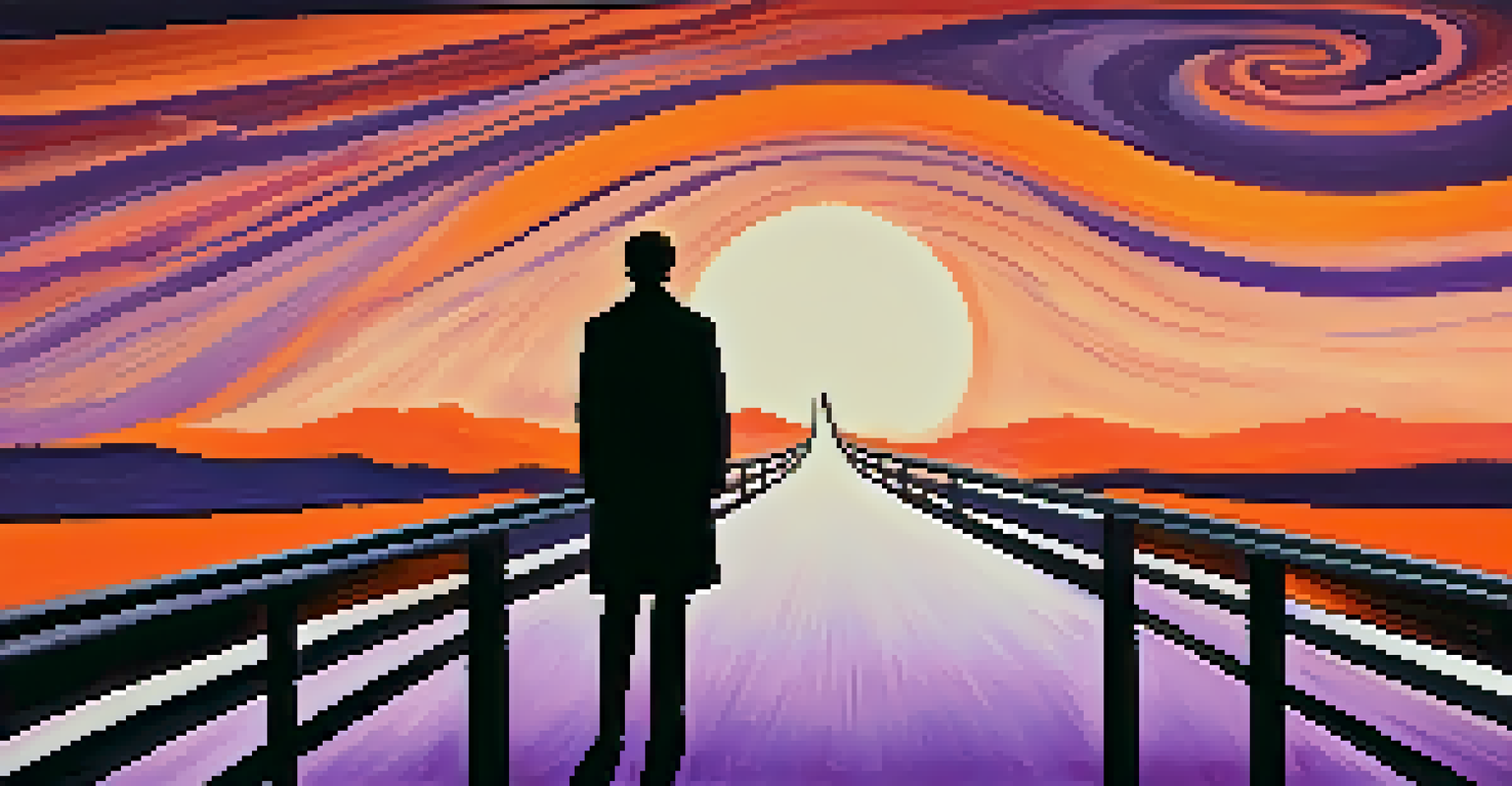 A dramatic sunset scene with a silhouette of a figure on a bridge, inspired by 'The Scream', showcasing emotional depth.