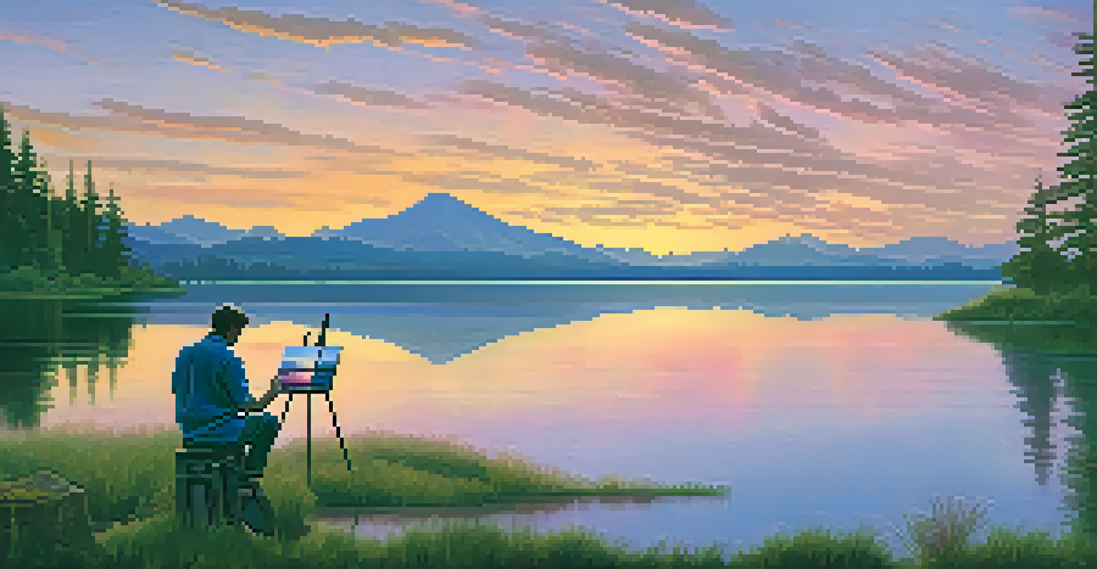 An artist painting a sunset over a calm lake, with vibrant colors in the sky and lush greenery surrounding the scene.