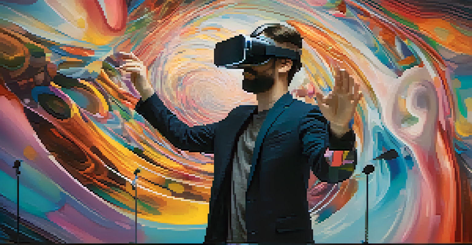 Artists using virtual reality headsets to collaboratively create an abstract digital painting on a large screen, with vibrant colors and dynamic shapes.