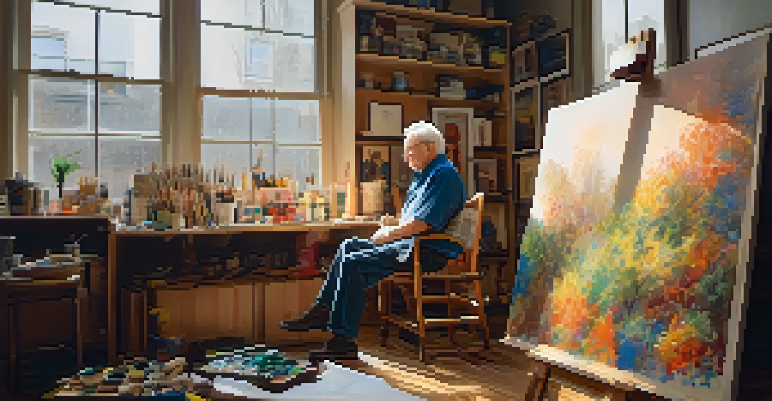 An elderly artist painting in their studio, surrounded by art supplies and soft, warm light.