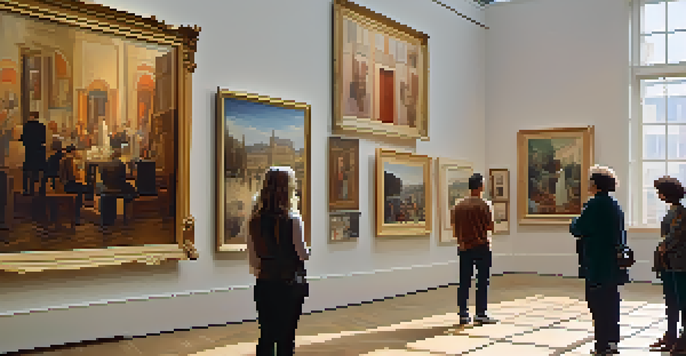 An art gallery with diverse artworks and visitors engaging with the pieces, illuminated by natural light.