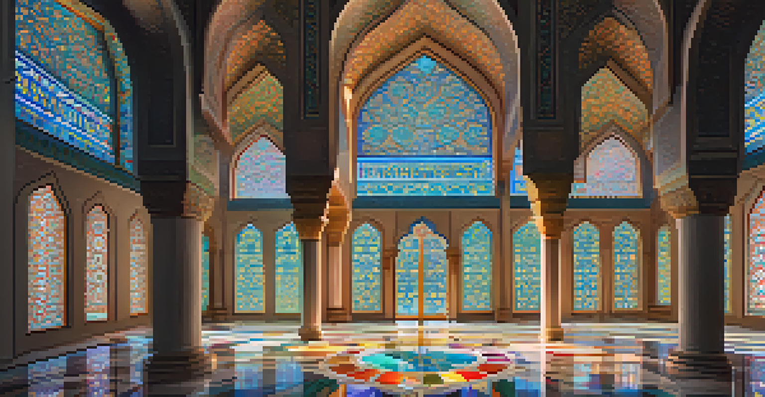 The interior of an Islamic mosque with geometric patterns and vibrant colors, illuminated by light filtering through stained glass windows.