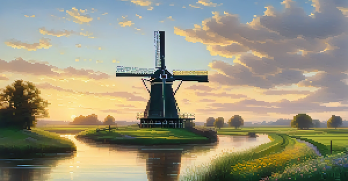 A beautiful Dutch landscape with a windmill at sunrise, vibrant fields, and a calm river reflecting the light.