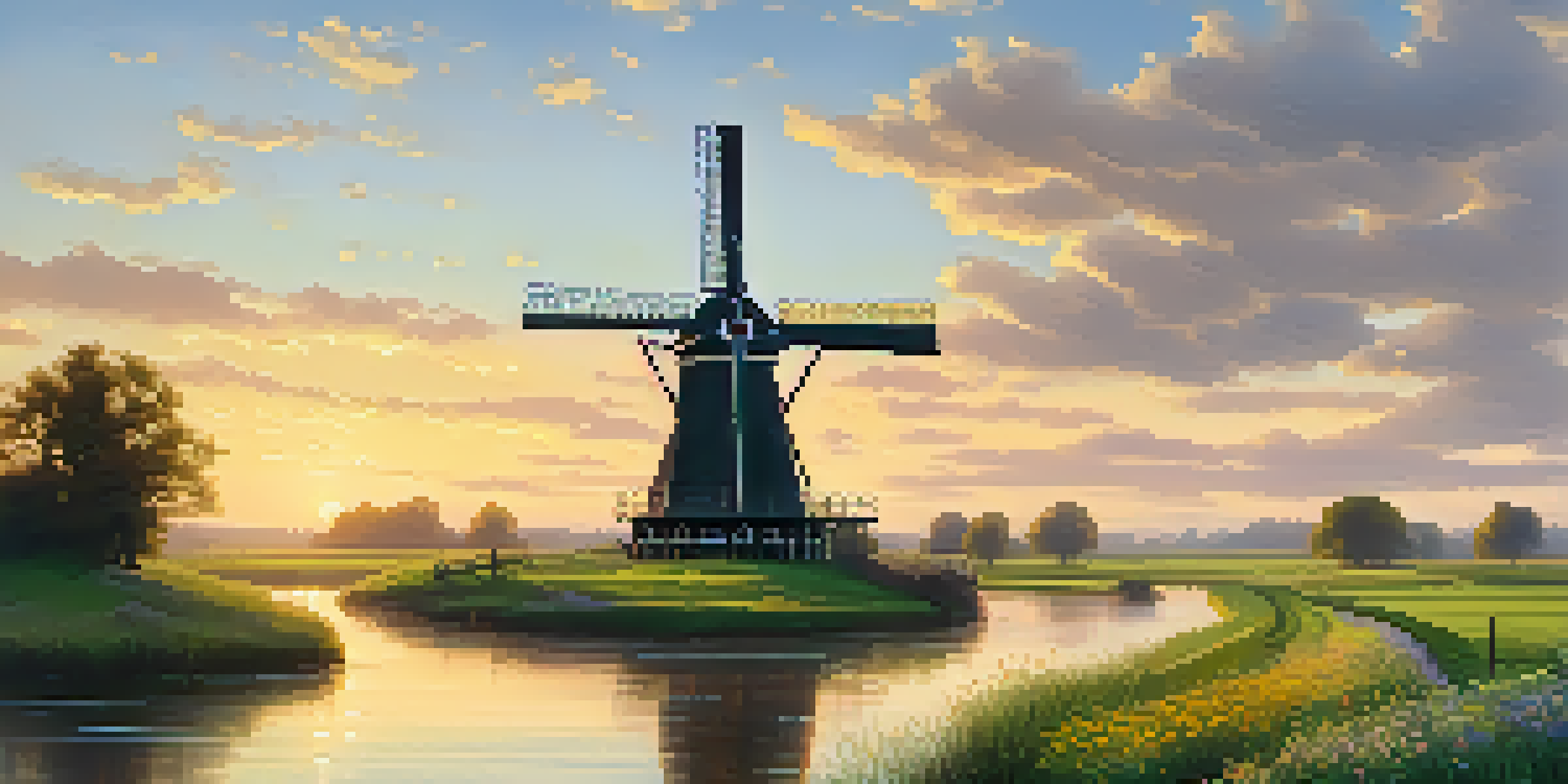 A beautiful Dutch landscape with a windmill at sunrise, vibrant fields, and a calm river reflecting the light.
