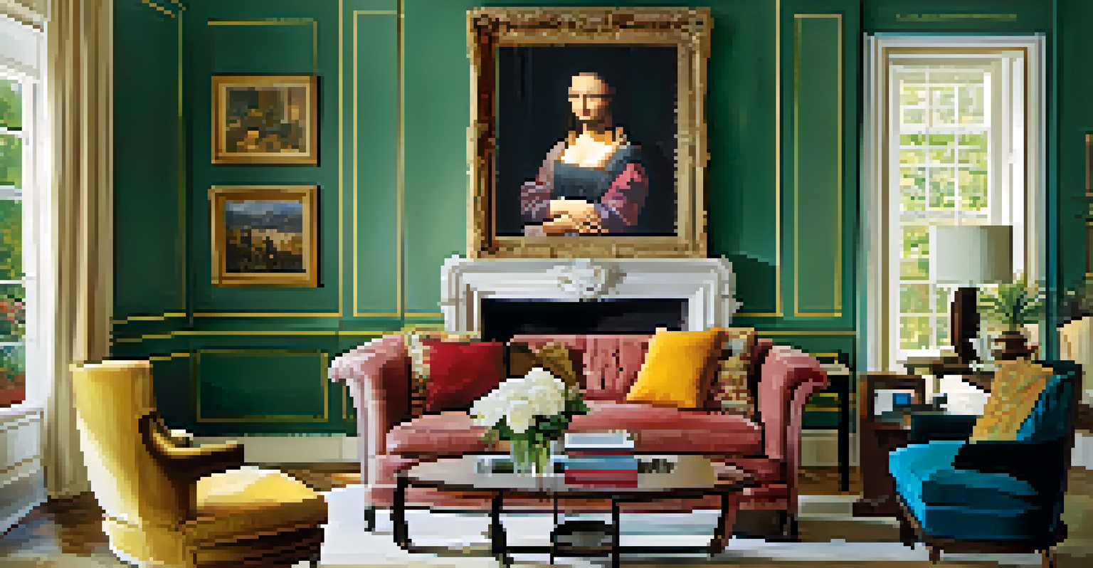 A stylish living room decorated with reproductions of famous artworks, featuring a comfortable sofa and vibrant colors.