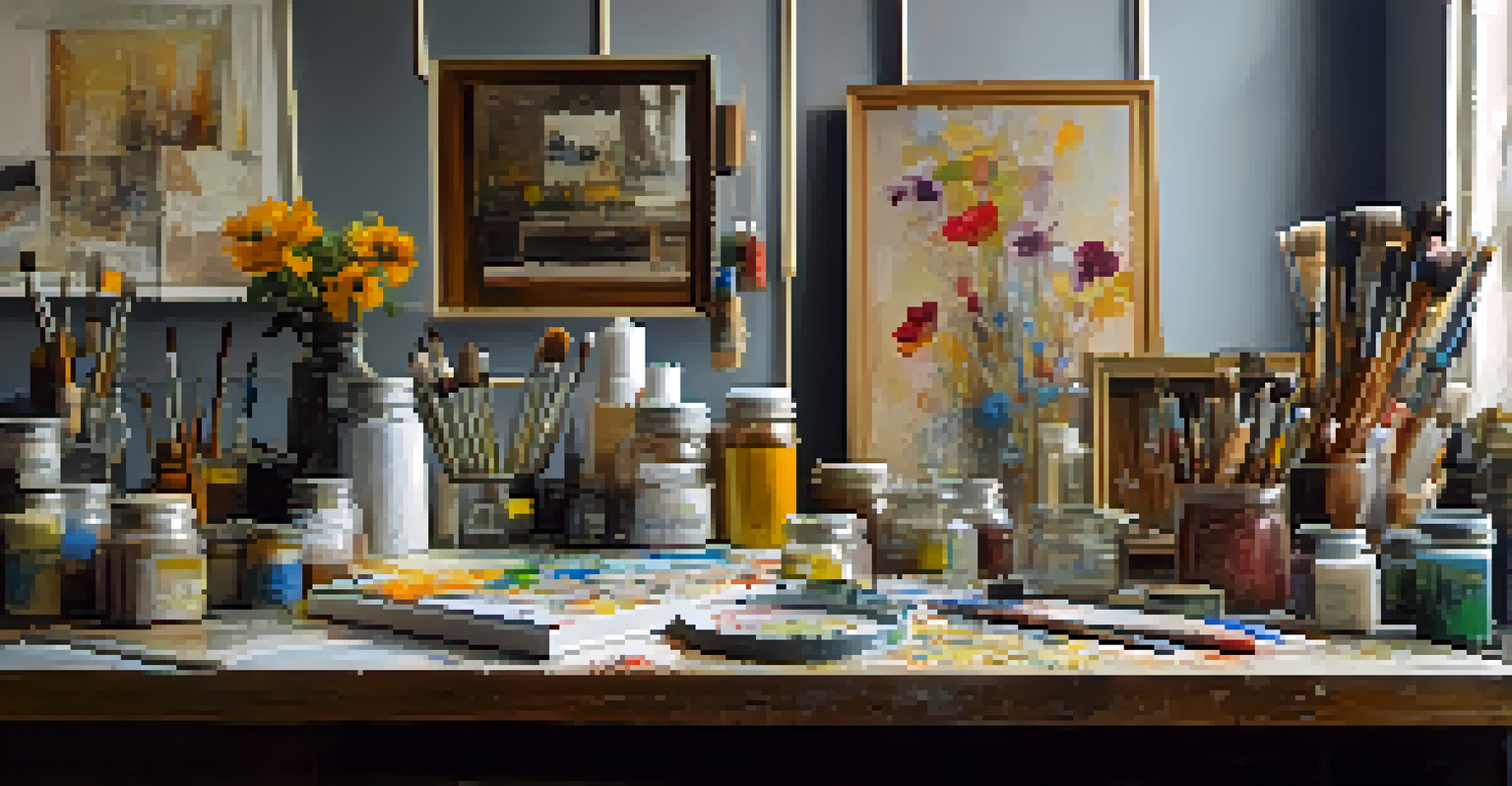 An artist's studio showcasing mixed media artworks with layers of textures made from acrylics and natural materials.