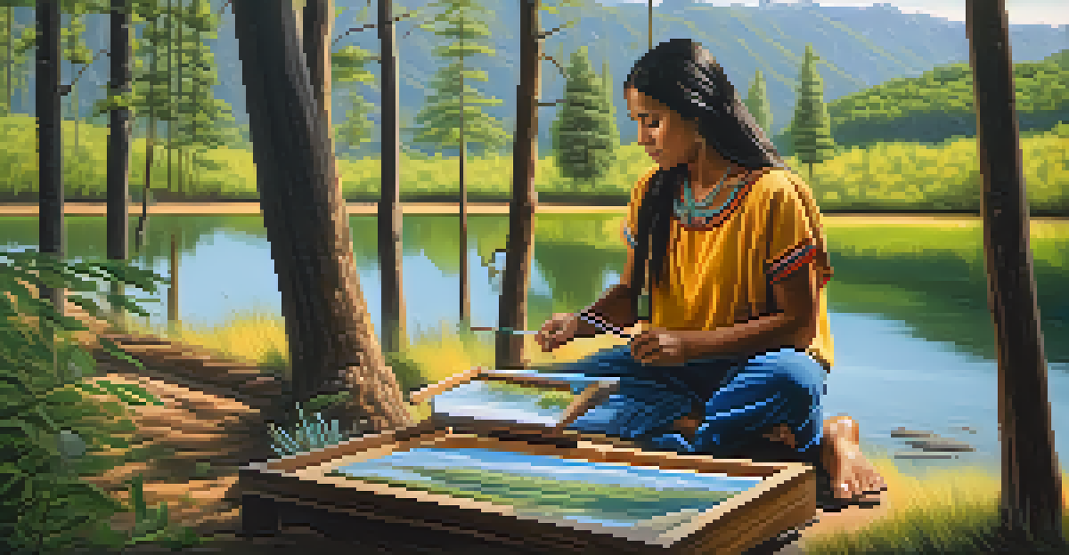 An indigenous artist painting outdoors in a serene landscape, using traditional techniques and vibrant colors inspired by nature.