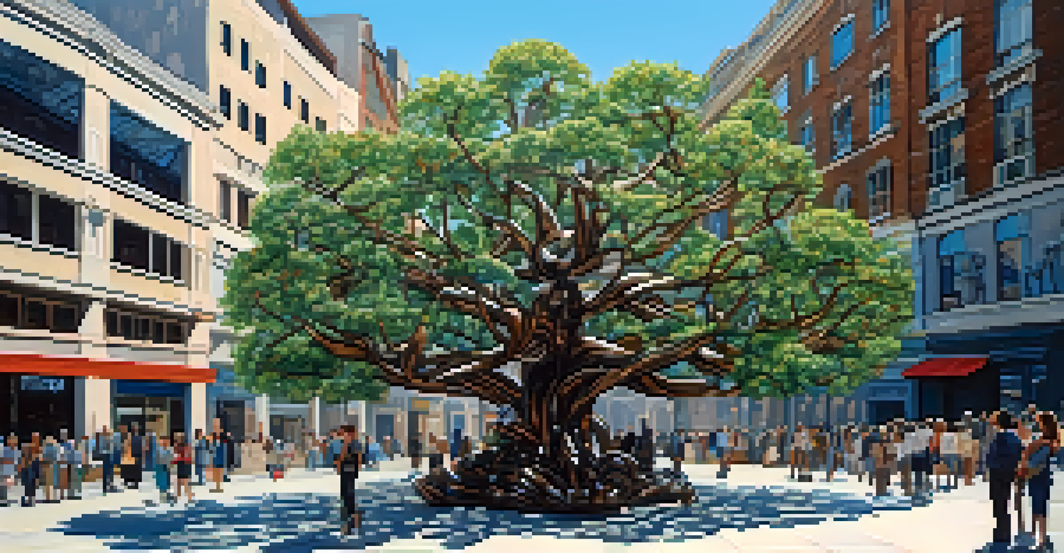 An artistic sculpture of a tree made from recycled materials in a city square, with people admiring it.