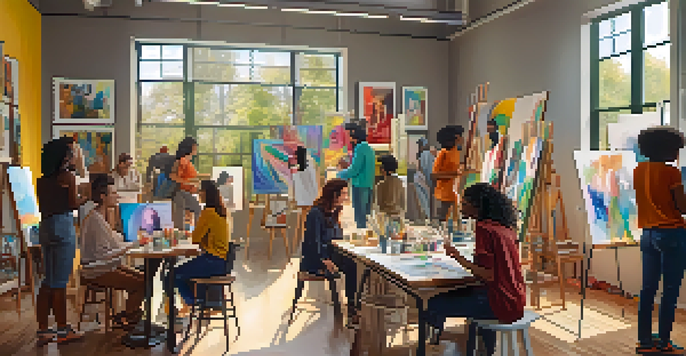 A diverse group of artists collaborating in a bright art studio, surrounded by colorful artwork and engaging in discussions.