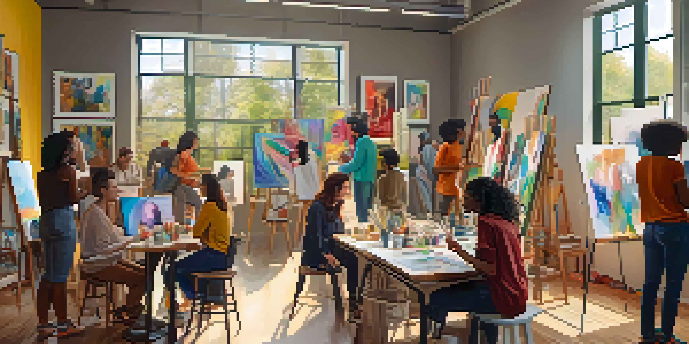 A diverse group of artists collaborating in a bright art studio, surrounded by colorful artwork and engaging in discussions.