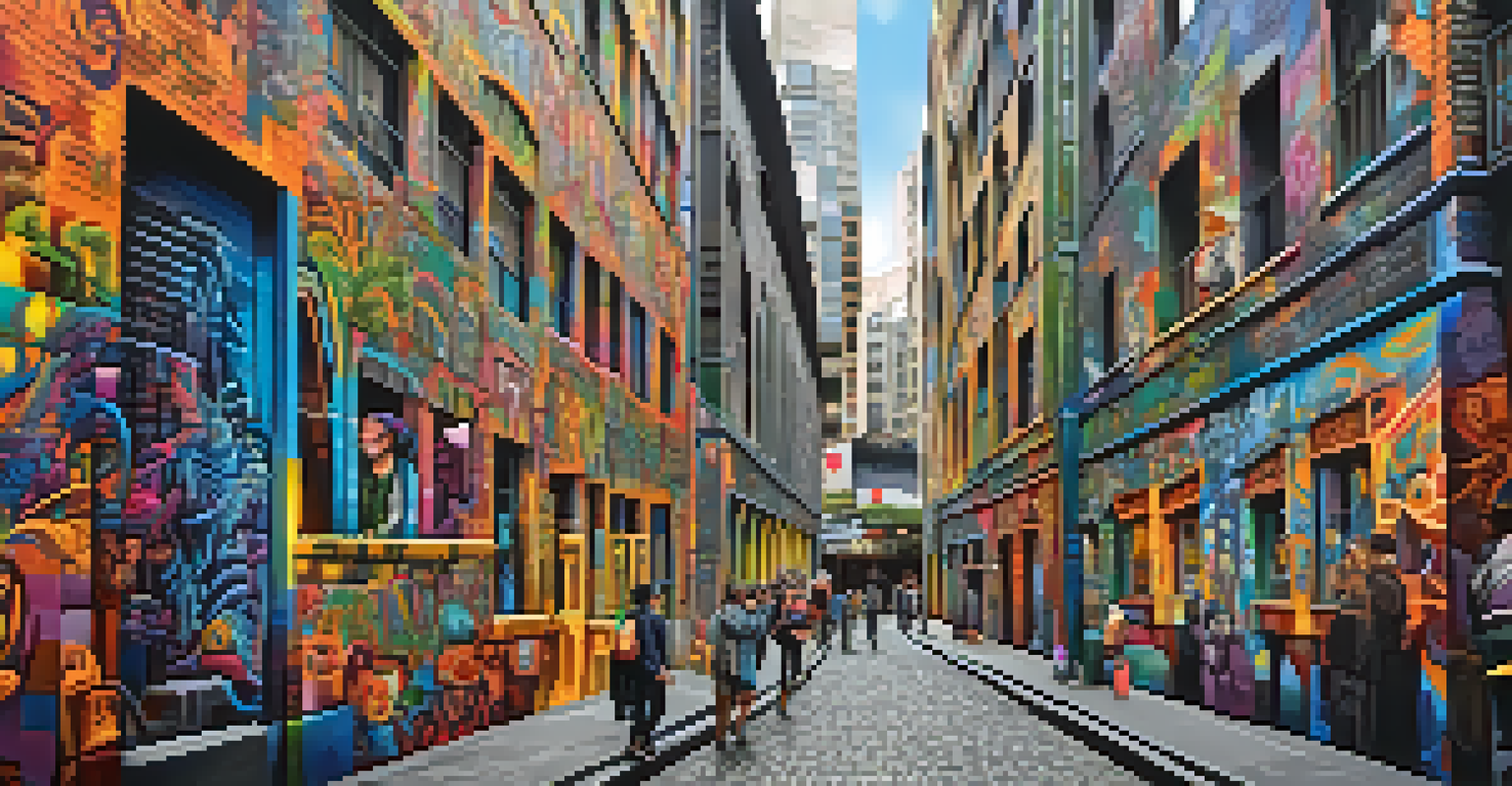 A vibrant street mural in Melbourne's Hosier Lane, showcasing multicultural motifs and social themes with people interacting.