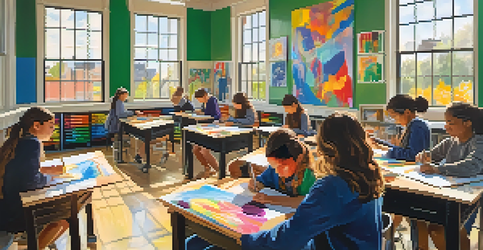 A classroom filled with students actively creating art, with sunlight illuminating their colorful projects.