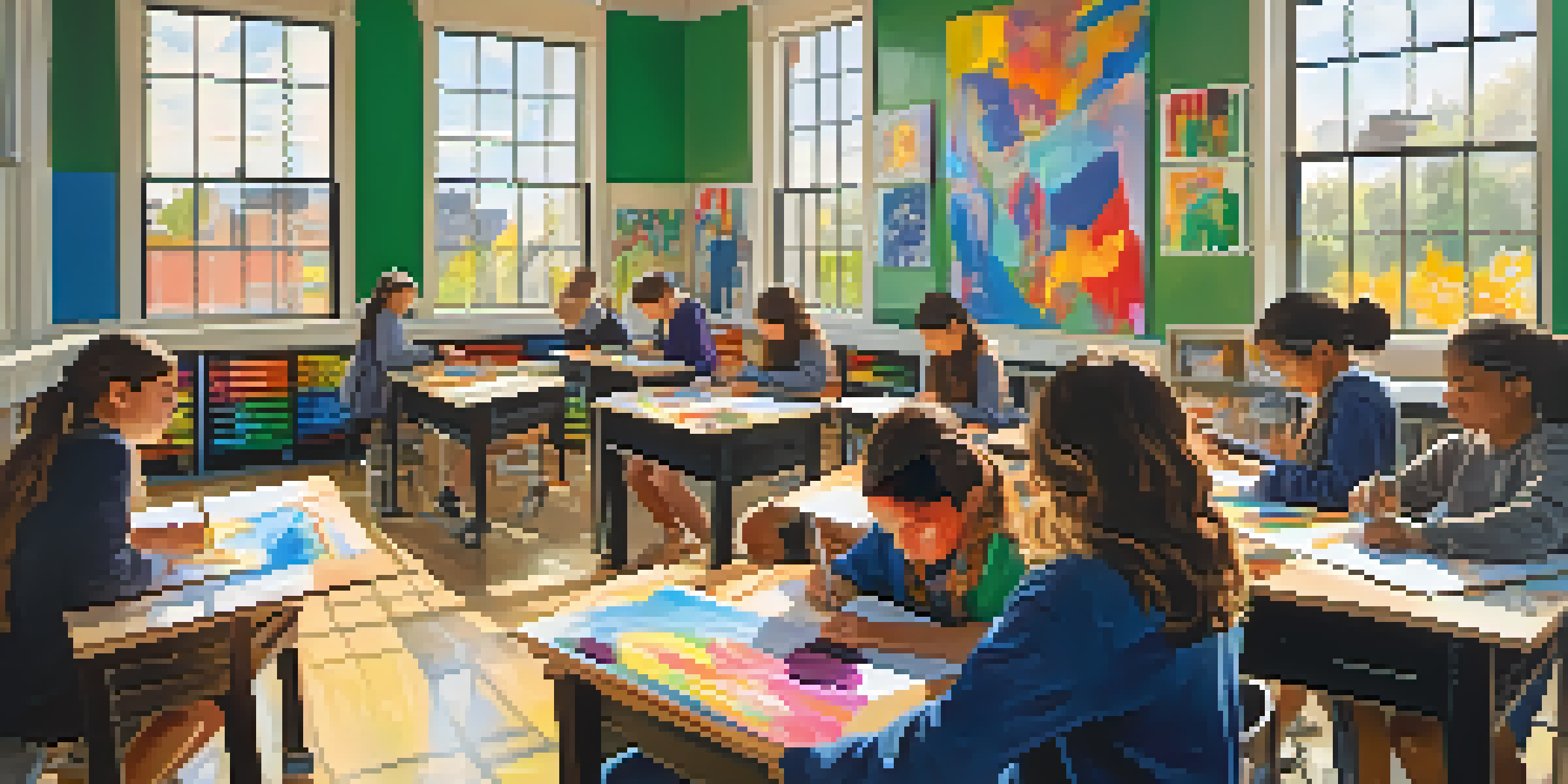 A classroom filled with students actively creating art, with sunlight illuminating their colorful projects.