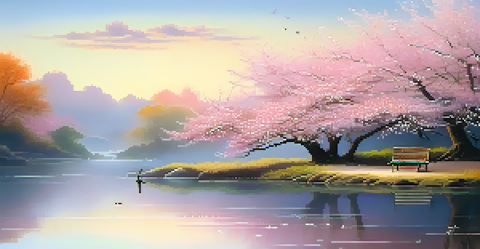 A serene landscape with cherry blossom trees, a tranquil pond, and a gentle sunrise, showcasing harmony and balance.