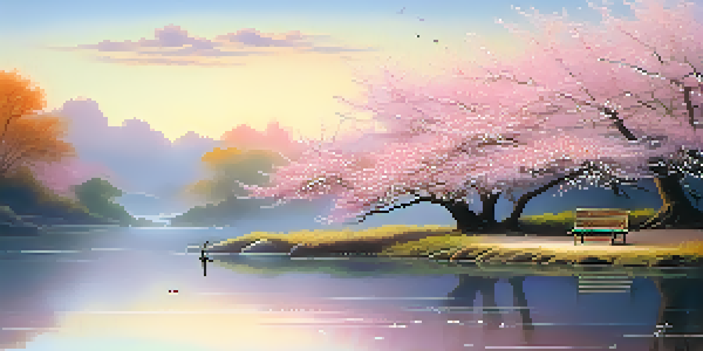 A serene landscape with cherry blossom trees, a tranquil pond, and a gentle sunrise, showcasing harmony and balance.