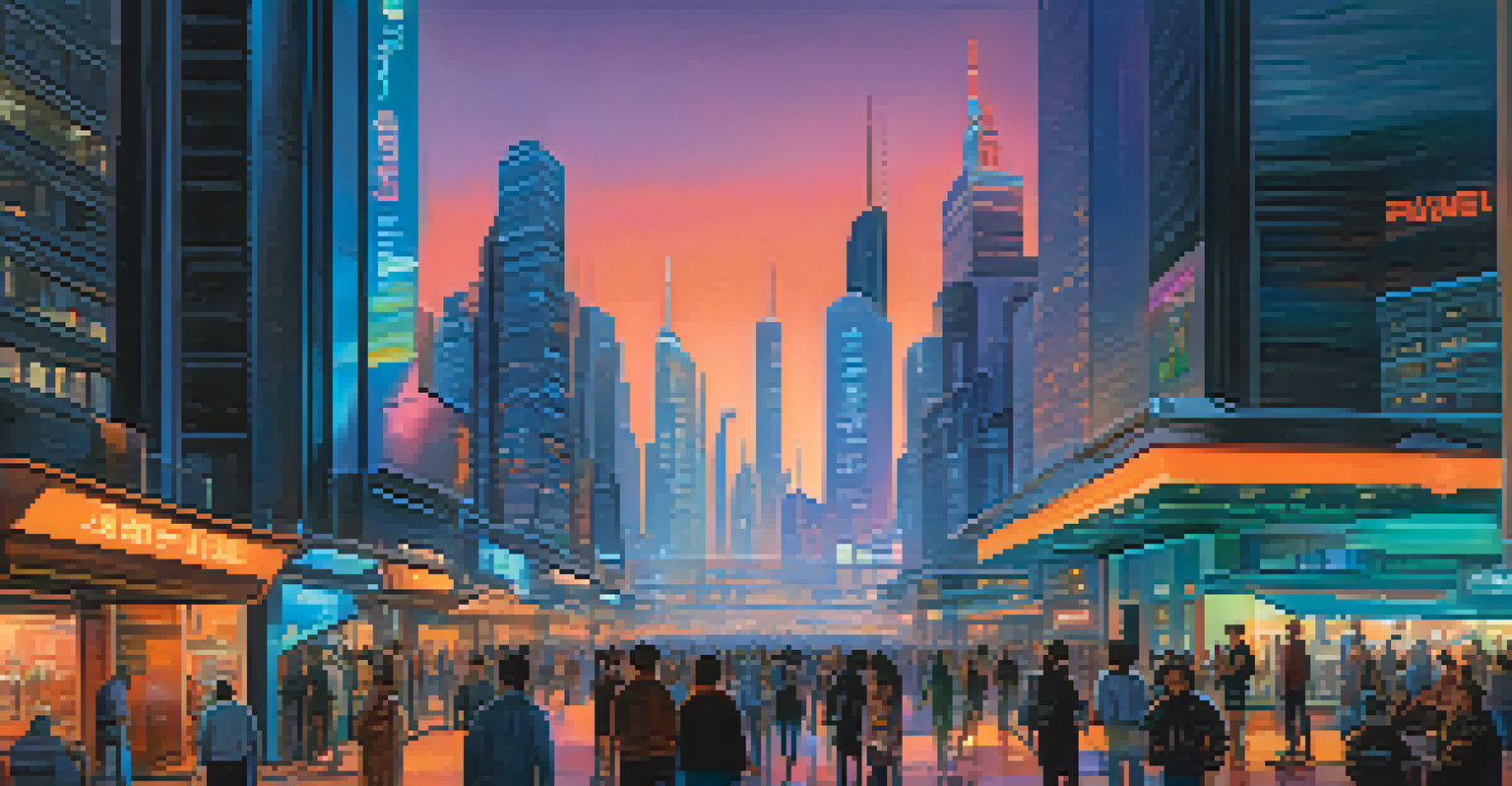 A vibrant futuristic city at dusk with neon lights, flying vehicles, and a lively plaza under a colorful sky.