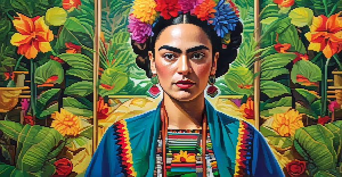 A woman in traditional Mexican clothing with flowers in her hair, surrounded by greenery and abstract patterns.