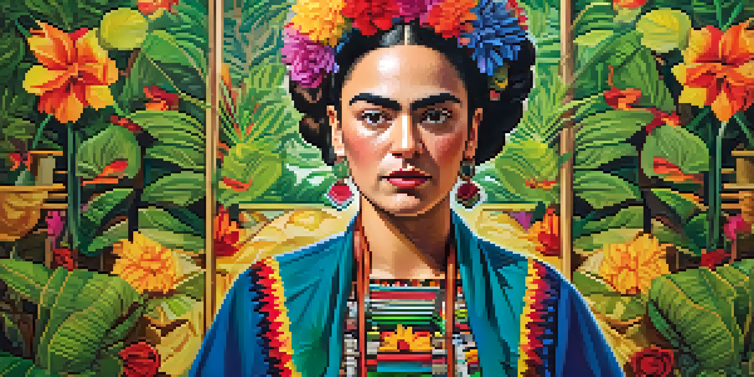 A woman in traditional Mexican clothing with flowers in her hair, surrounded by greenery and abstract patterns.