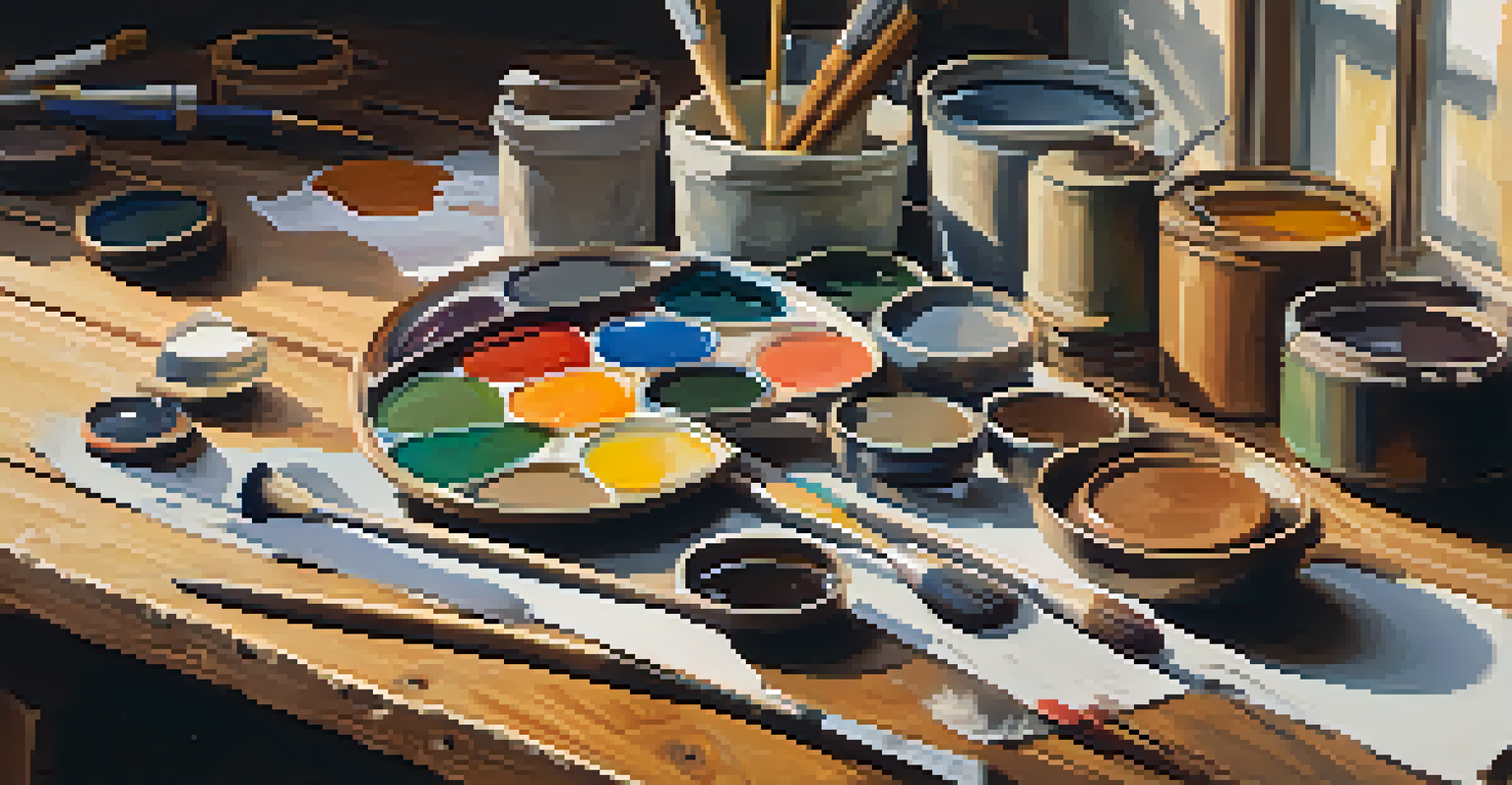 An artist's palette displaying various colors of tempera paint, with brushes and tools on a wooden table illuminated by sunlight.