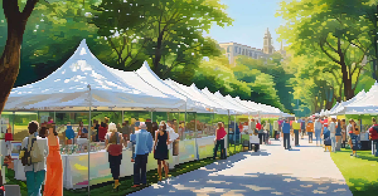 An outdoor art exhibition in a park with white tents and attendees enjoying various artworks amidst greenery and flowers.